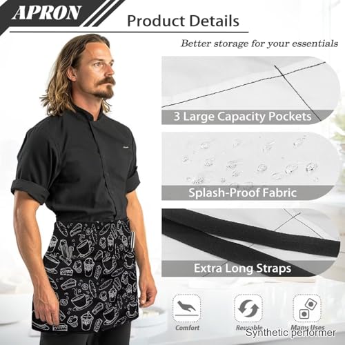 Waist Apron with 3 Pockets Waterproof 13 Inch Short Half Waist Aprons Women Men Server Aprons Waitress Waiter Apron - color: Food Print