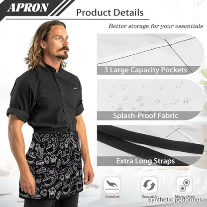 Waist Apron with 3 Pockets Waterproof 13 Inch Short Half Waist Aprons Women Men Server Aprons Waitress Waiter Apron - color: Food Print