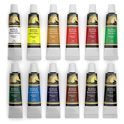 MyArtscape Artist Quality Painting Set - Acrylic Paint - 12 x 12ml Tubes with Miniature Paint Brushes - Set of 12 for Detail & Fine Point Painting