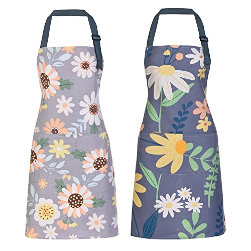 2 Pack Floral Apron for Women with Pockets, Adjustable Cotton Chef Aprons for Kitchen, Cooking, BBQ & Grill - color: Green/Leaves