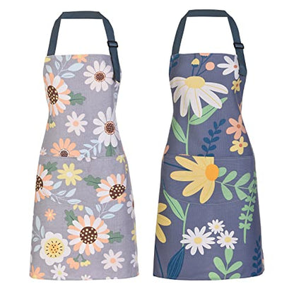 2 Pack Floral Apron for Women with Pockets, Adjustable Cotton Chef Aprons for Kitchen, Cooking, BBQ & Grill - color: Green/Leaves