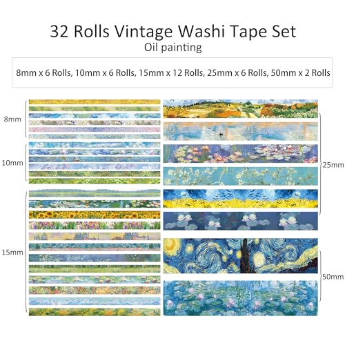 emmoolife 32 Rolls Washi Tape Set, Oil Painting Decorative Masking Tape, Van Gogh Adhesive Tape for Bullet Journal, DIY Crafts Gift, Party Decorations, Junk Journal, School Supplies - style: Oil Painting
