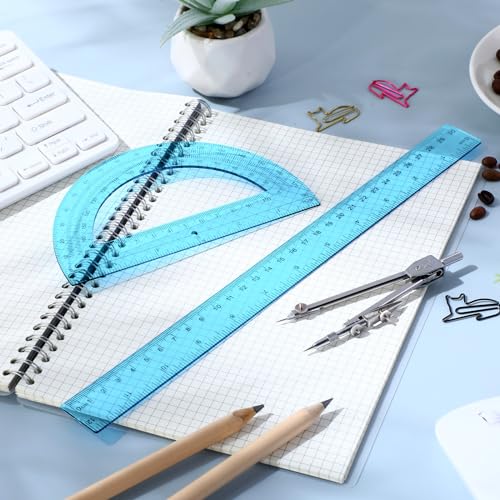 Zonon 3 Pcs 12" Clear Plastic Ruler 6 Inch Protractor Compass Set, Blue - color: Blue, size: 12 Inch