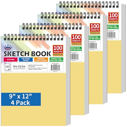 WINNER 9" x 12" Sketch Book 4 Pack, 400 Sheets Spiral Bound Art Sketchbook, 68lb/100gsm White Acid Free Drawing Pad, Sketching Doodling Drawing Writing Sketch Pad, Back to School Art Supplies, Yellow - color: Yellow, size: 9"x12"