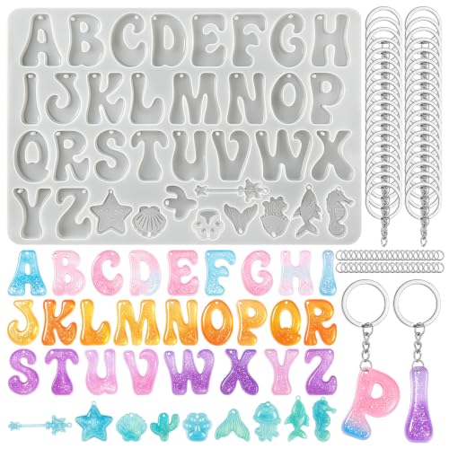 Alphabet Keychain Mold with Hole with 36 Pcs Key Ring Accessory | Reversed Letter Keychain Silicone Molds, Letter Molds for Epoxy Resin Casting Craft DIY Pendants Ornaments Gift - color: Alphabet white