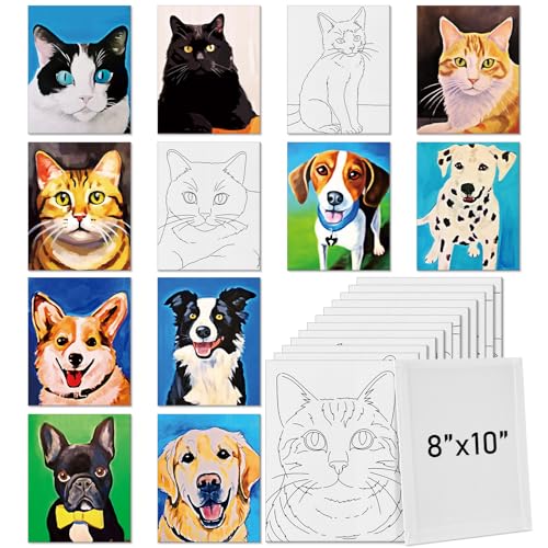 Tinlade 12 Pcs Pre Drawn Canvas for Painting Stretched,Cats and Dogs - size: Cats and Dogs
