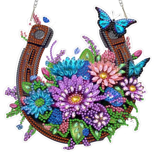 MOGTAA Horseshoe Diamond Art Hanging Kits for Adults, DIY Double Sided Flowers Diamond Art Suncatchers, 5D Special Shape Diamond Painting Butterfly Pendant Window Ornament Gifts for Home Decor - color: Horseshoe