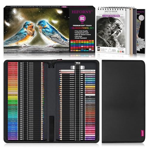 HIFORNY 80PCS Colored Pencils Set for Adults – 72 Soft Core Colored Pencils with Sketchbook, Coloring Book,Blender,Burnisher,Eraser,Sharpener & Color Chart – in Gift Box & Zipper Case