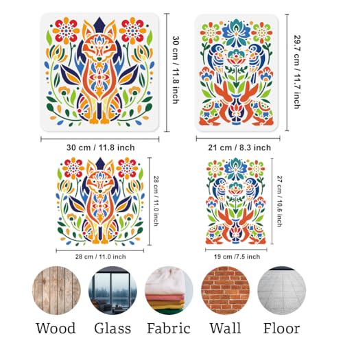 4Pcs Folk Flower Stencils, Floral Reusable Painting Templates - style: Folk Art Flowers