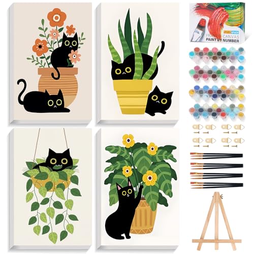 4 Pack Paint by Numbers Kit for Adults with Frame, Black Cat & Green Plant | DIY Acrylic Painting Kit with Wooden Easel, Framed Paint by Number for Beginners, Home Wall Decor & Gift, 8 x 12 Inch - color: OP4FUS2506-04