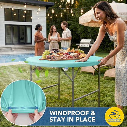Round Fitted Tablecloth with Elastic-Spandex Table Covers 60 Inch | 2 Pack Aqua Blue Spandex Stretch Windproof Washable Folding Banquet Tablecloths 5ft-Party Event Outdoor Trade Show Dining - color: Aqua Blue, size: 60'' Round | 2 Pack