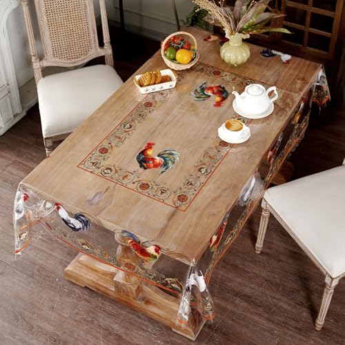 Clear Table Cover Protector Rooster Vinyl Table Cloth, 60"x120" | Dining Room, Kitchen Meals, Tabletop Protection, Easy Cleanup, Brunch, Parties, Holiday Gatherings, Everyday Use - color: Roosters, size: 60" x 120" (Rectangular)
