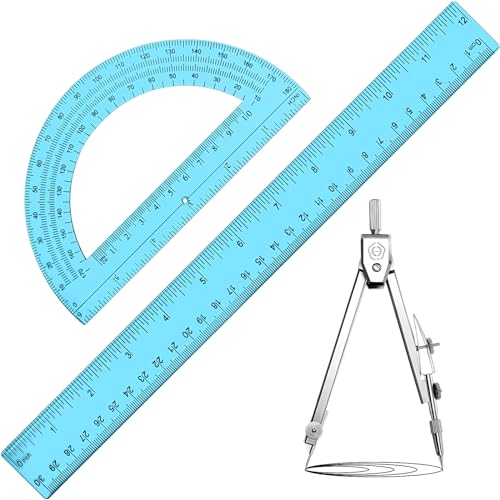 Zonon 3 Pcs 12" Clear Plastic Ruler 6 Inch Protractor Compass Set, Blue - color: Blue, size: 12 Inch