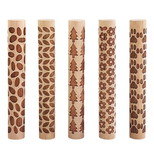 5 PCS Wooden Clay Texture Rollers Set, 100mm Pottery Pattern Rolling Pins with 10 Unique Designs, Ceramic and Polymer Clay Stamp Roller Tools for Studio Craft, Sculpting & Handmade Art Projects (B) - color: B