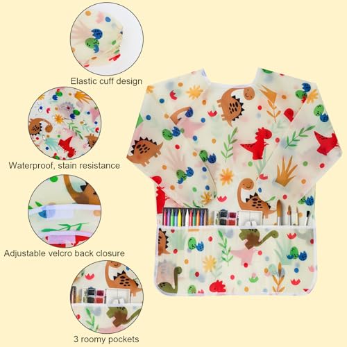 Kids Art Smocks Dinosaur Painting Aprons for Children Waterproof Artist Smock with Long Sleeve and 3 Pockets for Age 3-8 Years (Off white) - color: Off-white