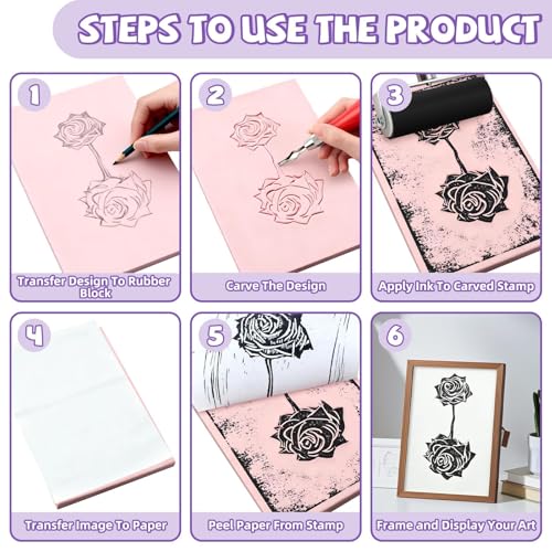 4 Pack Pink Rubber Stamp Carving Blocks 8"x6" (0.8cm Thick) with Tools Kit - Soft Linoleum Blocks for DIY Craft Projects, Stamp Making Supplies for Artists & Beginners - size: 8"x6"
