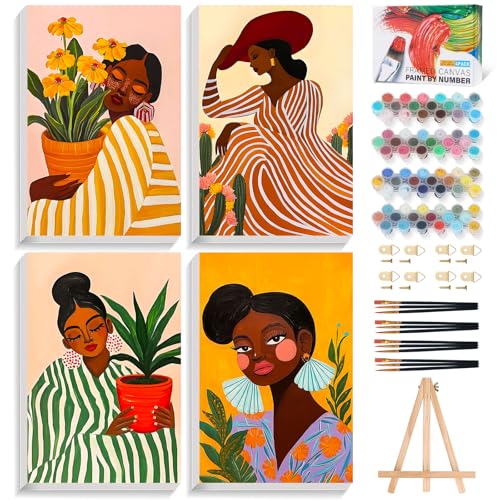 Okarina 4 Pack Paint by Numbers Kit for Adults with Frame, African Women | DIY Acrylic Painting Kit with Wooden Easel, Framed Paint by Number for Beginners, Home Wall Decor & Gift, 8 x 12 Inch - color: OP4FUS2510-01