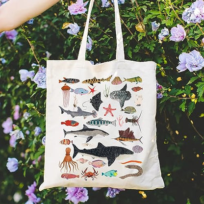 Canvas Aesthetic Tote Bag for Women with Inner Pocket Totes Shoulder Book Bag Shopping Reusable Grocery Bags - color: Sea Life Tote Bag