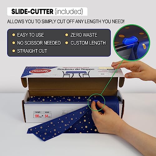 Neatiffy Disposable Plastic Table Cloth Roll with Slide Cutter | Waterproof Cover for Rectangle, Square, Oval Tables | Picnic, Party, Banquet, Birthdays, Weddings - Blue with Gold Dots - color: Blue Gold Dots, size: 54 inches X 100 feet