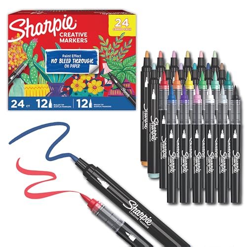 Sharpie Creative Markers, Combo Pack, Water-Based Acrylic, Bullet & Brush Tips, Assorted Colors Including Earth Tones, 24 Count - Works on Paper, Metal, Wood, Ceramic, Glass, Rock, Canvas - style: 24 Count Bullet and Brush Tip