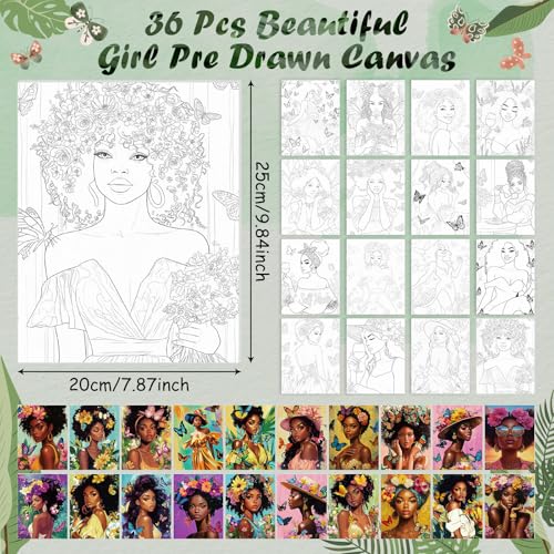 Harloon 36 Pcs 8 x 10 Inch Pre Drawn Canvas for Painting Afro Flower Butterfly Queen Pre Stretched Canvas Painting for Adults Outline for Sip and Paint Party Supplies Favor (Butterfly Queen) - style: Butterfly Queen