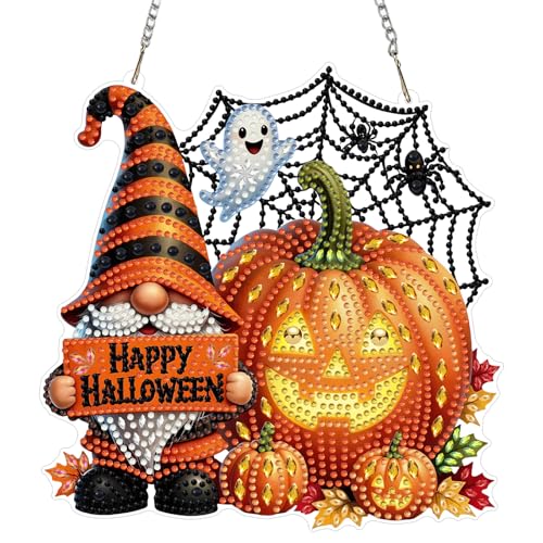 CEOVR Halloween Hanging Diamond Art for Adults, Gnome Pumpkin Diamond Painting Pendant, DIY Special Shape Gem Art Window Ornament, Acrylic Home Wall Decor with Chain, Box Kit 7.67×7.87inch - color: 6-Halloween
