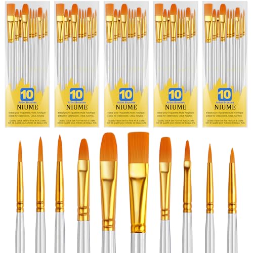 Acrylic Paint Brushes Set, 50Pcs Round Pointed Tip Artist Paintbrushes for Acrylic Painting Oil Watercolor Canvas Boards Rock Body Face Nail Art, Halloween Pumpkin Ceramic Crafts Supplies，White - color: White, size: 5 Pack
