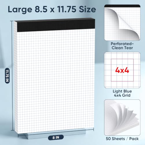 2 Pack Graph Paper 8.5 X 11, 4x4 Quad Grid Paper, 50 Sheets/Pad | Graph Paper Notebook, 4x4 Grid Ruled Paper with Blue Lines, , Drafting Paper, Quad Ruled Paper for Math, Notes & Design - color: White-Squared- 2 Pack(50 Sheets)