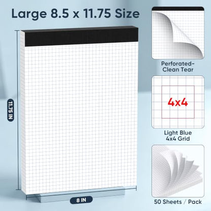 2 Pack Graph Paper 8.5 X 11, 4x4 Quad Grid Paper, 50 Sheets/Pad | Graph Paper Notebook, 4x4 Grid Ruled Paper with Blue Lines, , Drafting Paper, Quad Ruled Paper for Math, Notes & Design - color: White-Squared- 2 Pack(50 Sheets)