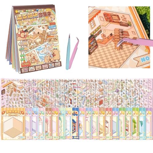 Kadichon 20 Sets 3D Layered Interior Scene Sticker Book for Teens 13+ & Adults – Decorative PET Scene Stickers with Tweezers for Journals, Planners, Scrapbooks & Paper Craft Layouts - color: 3D Sticker