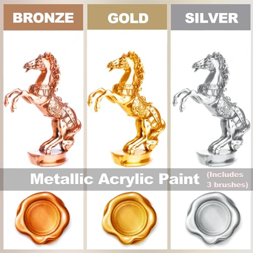 Acrylic Paint Metallic, 3pcs 13.5oz(375g) Gold & Silver & Bronze Leaf Paint | Gold Leaf Paint for Art Painting, Ideal for Canvas, Wood, Clay, Fabric, Ceramic, Stone, Glass Craft Supplies