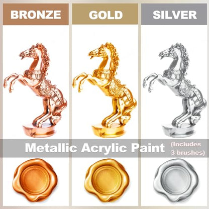 Acrylic Paint Metallic, 3pcs 13.5oz(375g) Gold & Silver & Bronze Leaf Paint | Gold Leaf Paint for Art Painting, Ideal for Canvas, Wood, Clay, Fabric, Ceramic, Stone, Glass Craft Supplies