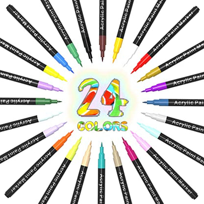 Acrylic Paint Pens for Rock Painting,Set of 24 Extra Fine Point Non-toxic Acrylic Paint Pen Paint Markers for Stone,Ceramic,Glass,Wood,Canvas,Fabrics DIY Crafts