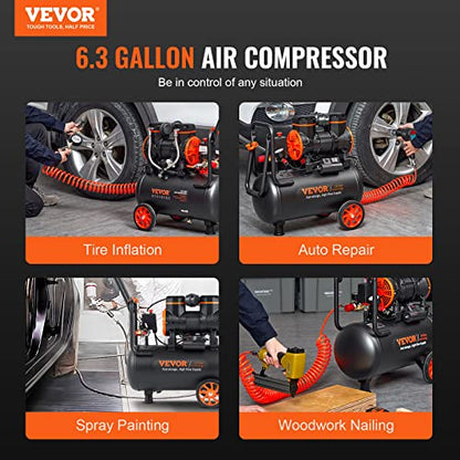 VEVOR 6.3 Gallon Air Compressor, 2 HP 3.35 CFM@90PSI Air Compressors with Max. 116PSI Pressure, Oil Free Compressor Tank for Auto Repair, Tire Inflation, Spray Painting, Woodwork Nailing | Oil Free Compressor Tank for Auto Repair, Tire Inflation, Spray Pa