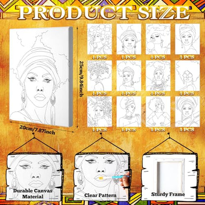 Motipuns 12 Set Afro Queen Pre Drawn Canvas for Paint for Adults | 8 x 10 Inch, Sip and Paint Party Kit, Pre Printed Framed Canvas with Easels Paints Brushes Aprons, Party Adult Art Supplies - style: Afro Queen