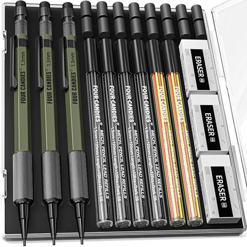Four Candies 1.3mm Metal Mechanical Pencil Set with 72 Lead Refills, 3-Pack | Weatherproof Body, Heavy Duty, 3 Erasers, 16 Eraser Refills, Storage Case for Outdoor Construction Woodworking Marking - size: 3-Pack, style: Olive Green