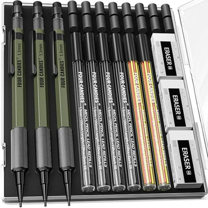 Four Candies 1.3mm Metal Mechanical Pencil Set with 72 Lead Refills, 3-Pack | Weatherproof Body, Heavy Duty, 3 Erasers, 16 Eraser Refills, Storage Case for Outdoor Construction Woodworking Marking - size: 3-Pack, style: Olive Green