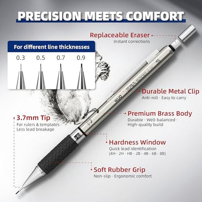 WUO 38PCS Art Mechanical Pencil Set with Storage Case, Metal Drawing Pencil - color: Black+Silver2 - 4 Sizes + 2.0mm