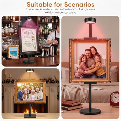 30'' Adjustable Tabletop Easel Stand with Rechargeable 13RGB Poster Light | Picture Frame Light, Picture Easels for Display,Black Metal Picture Frame Holder Stand for Artwork, Photo,Sign. - color: Black