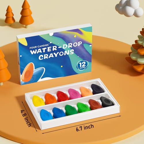 Four Candies Toddler Crayons, 12 Colors, Water-Drop Shape, Easy Grip | Non-Toxic and Washable, Design for Little Hands, Smooth Coloring, Vibrant Colors, Fine Motor Skills, Home and Preschool Use - color: 12 Colors