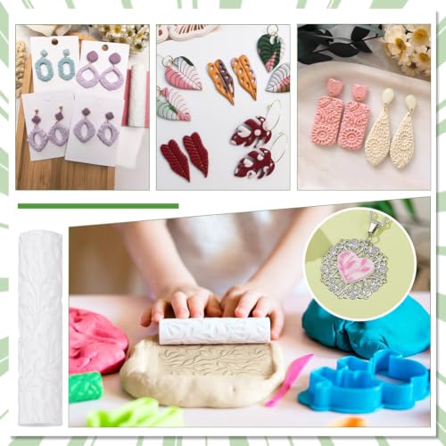 PH PandaHall 2pcs Polymer Clay Texture Roller for Earrings Making Embossing Pottery Texture Rollers Leaf Pattern Hand Clay Roller Pottery Tools for Jewelry Making Craft Projects Supplies, 3.3x0.7 Inch - color: Leaf-2