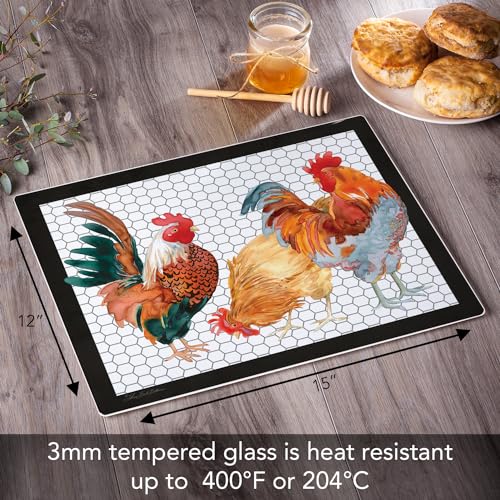 CounterArt Whimsical Roosters 3mm Tempered Glass Cutting Board 12" x 15" | Serving Board, Charcuterie Board - color: Whimsical Roosters