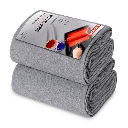 Silver Canvas Drop Cloth (9 x 12 Feet - Pack of 2) - Cotton Painters Drop Cloth for Painting, Furniture & Floor Protection - All Purpose Canvas tarp with Double Stitched Edges - size: 9' x 12' - Pack of 2
