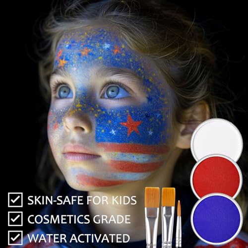 US Flag Red White and Blue Joker Face Body Paint, Water-Based Face Painting Kit with Brushes for America’s Patriotic Parades 4th of July USA Independence Day & Halloween Costume Clown Cosplay Makeup - color: White+Red+Blue+3Pcs Brushes