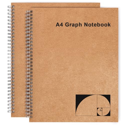 A4 Graph Paper Notebook, 2 Pack Large Spiral Grid Notebook, 200 Pages 100gsm Thick 5mm Square Paper Quad Notebook for Engineering, Math, Taking Notes, Drawing - Kraft Brown Cover, 8.5" x 11" - color: Graph