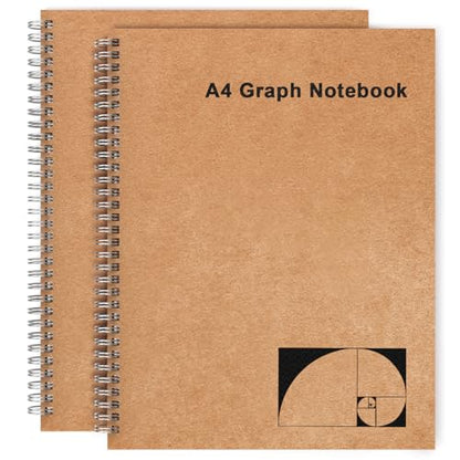A4 Graph Paper Notebook, 2 Pack Large Spiral Grid Notebook, 200 Pages 100gsm Thick 5mm Square Paper Quad Notebook for Engineering, Math, Taking Notes, Drawing - Kraft Brown Cover, 8.5" x 11" - color: Graph
