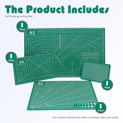 4 Packs Cutting Mats, 4size Double Sided Cutting Mat, Non-Slip 5 Layers PVC Cut Mat for Craft Art Projects Fabric Sewing, Scrapbooking Mat, A3 A4 A5 A6 - size: A3, A4, A5, A6