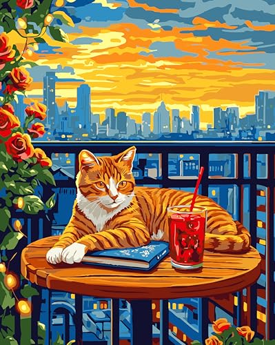 Cat Paint by Numbers Kit for Adults, City Sunset, Oil Painting 16x20 Inch | Paint by Numbers Kit for Adults, Cat on Balcony with City Sunset, DIY Oil Painting, Pre-Printed Canvas, 16x20 Inch - color: B3-Cat