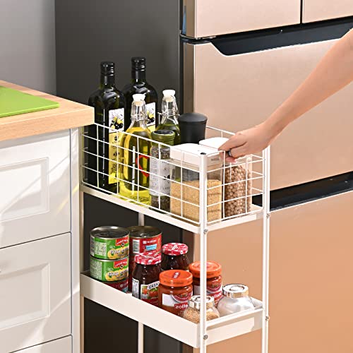 KINGRACK Slim Rolling Storage Cart 3 Tier - Heavy Duty Metal Utility Cart with Raised Edge & Wheels, Narrow Small Mobile Organizer Shelves for Bathroom, Kitchen, Laundry, Office, Living Room, White - color: White, size: 3-Tier