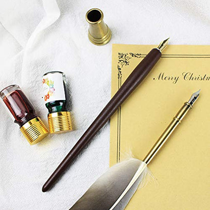 GIFTS Calligraphy Pen Set,12-Piece Kit, 5 Nib & 5 Ink Set,Writing Quill Pen,Anitque Dip Feather Pen Set (wood+feather)